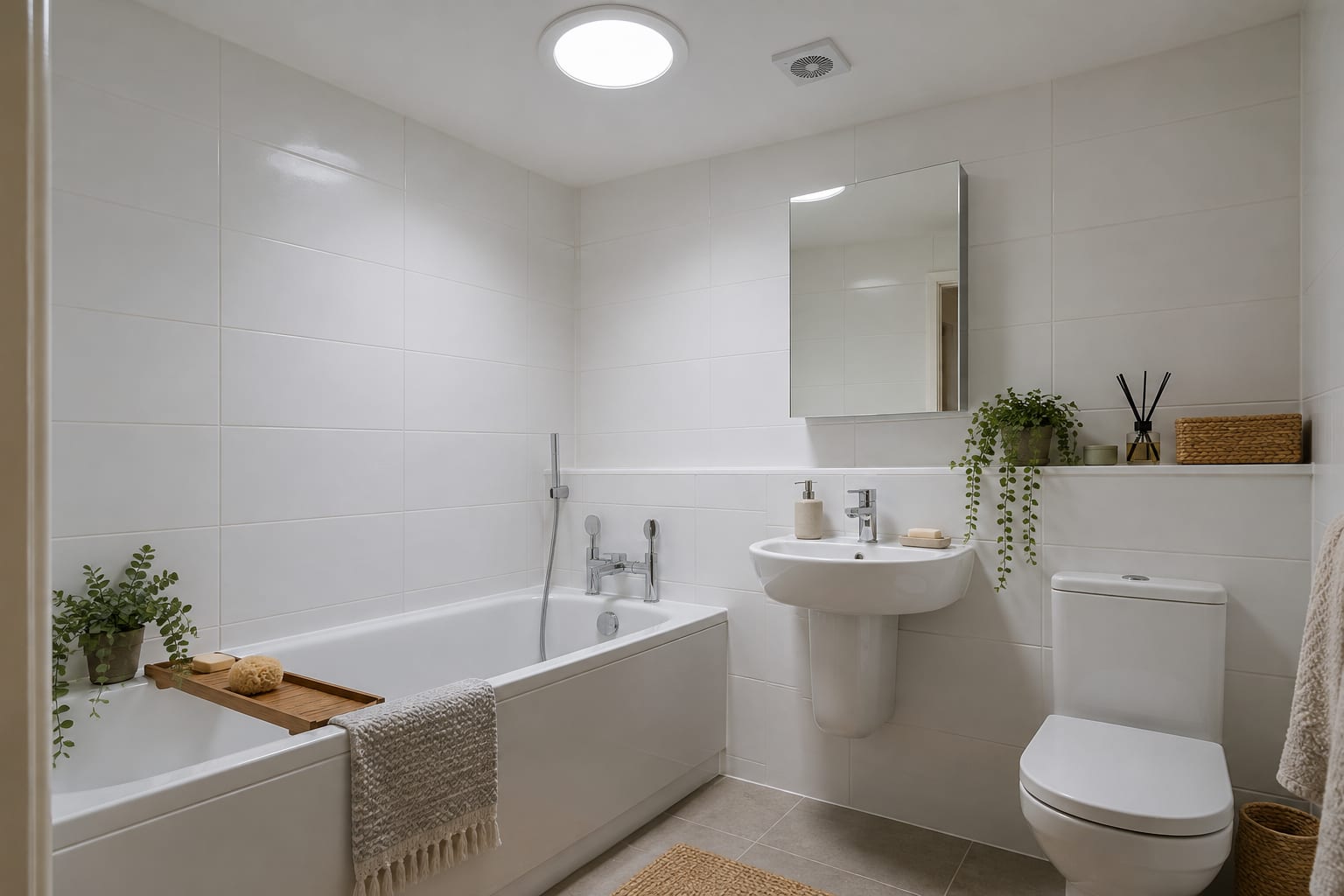 Ceiling sun tunnel diffuser lighting a small bathroom with a separate extractor