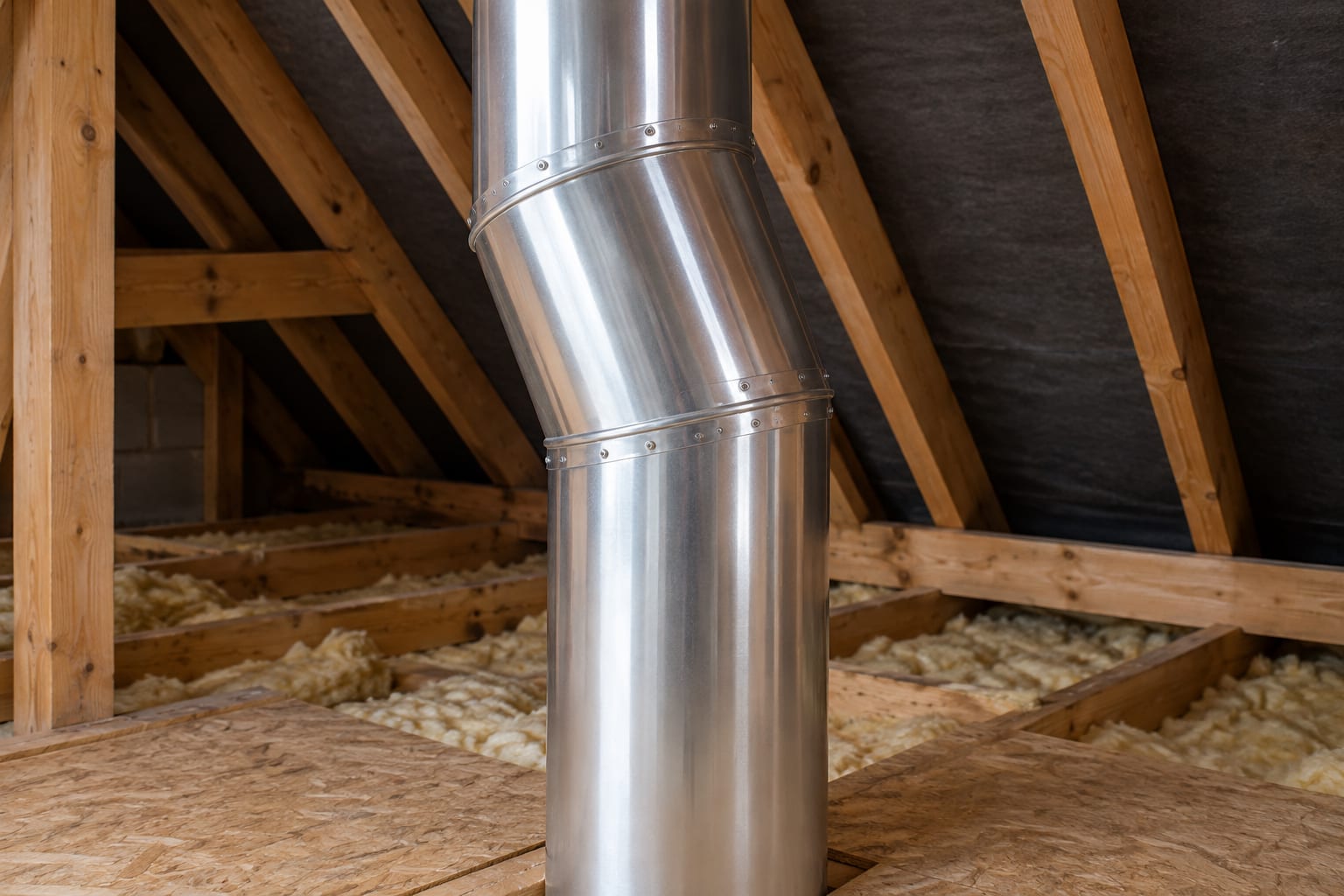 Rigid aluminium tube sections and an angled elbow inside a timber loft