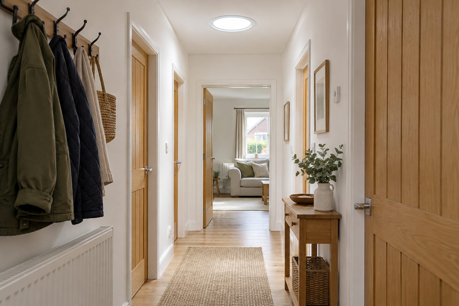 Circular ceiling diffuser bringing daylight into a bungalow hallway