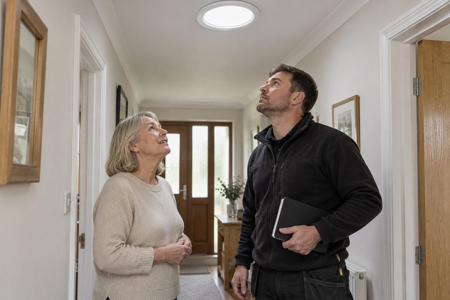 Homeowner and installer inspecting a ceiling sun tunnel diffuser in a bungalow hallway