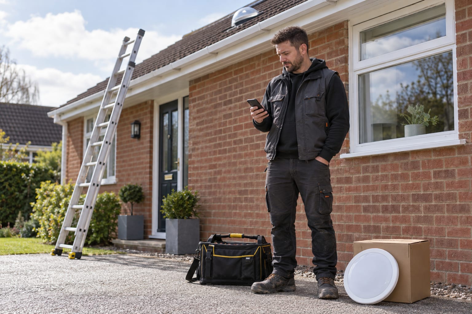 Installer checking a mobile phone beside a brick bungalow