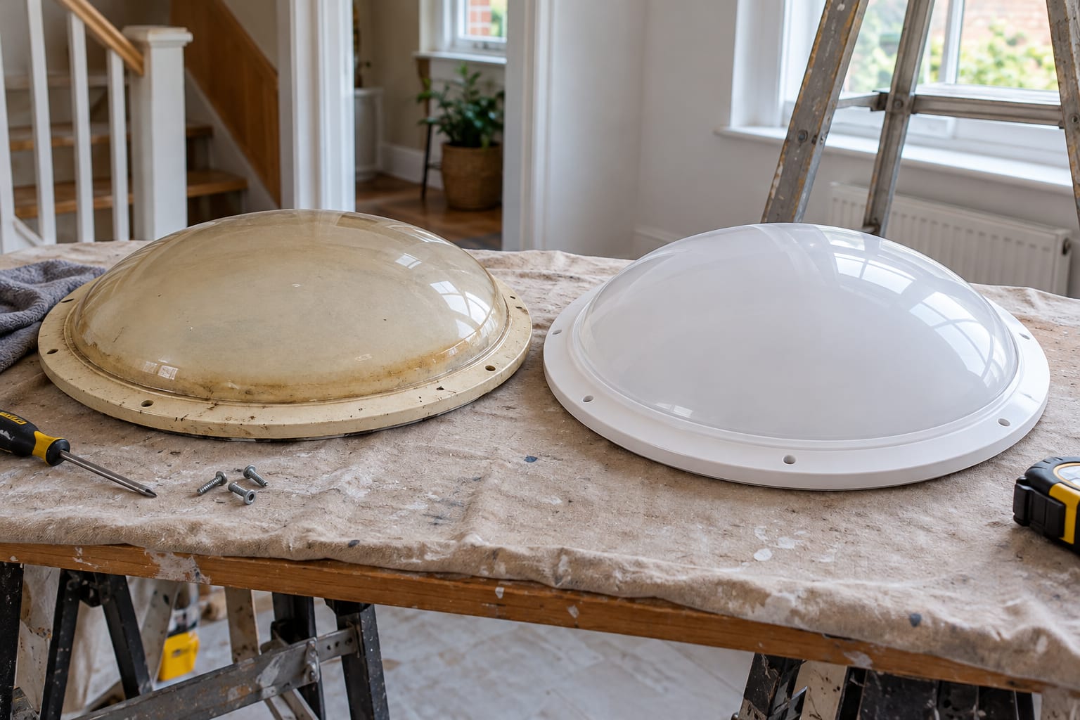 Old yellowed roof collector beside a new white framed replacement