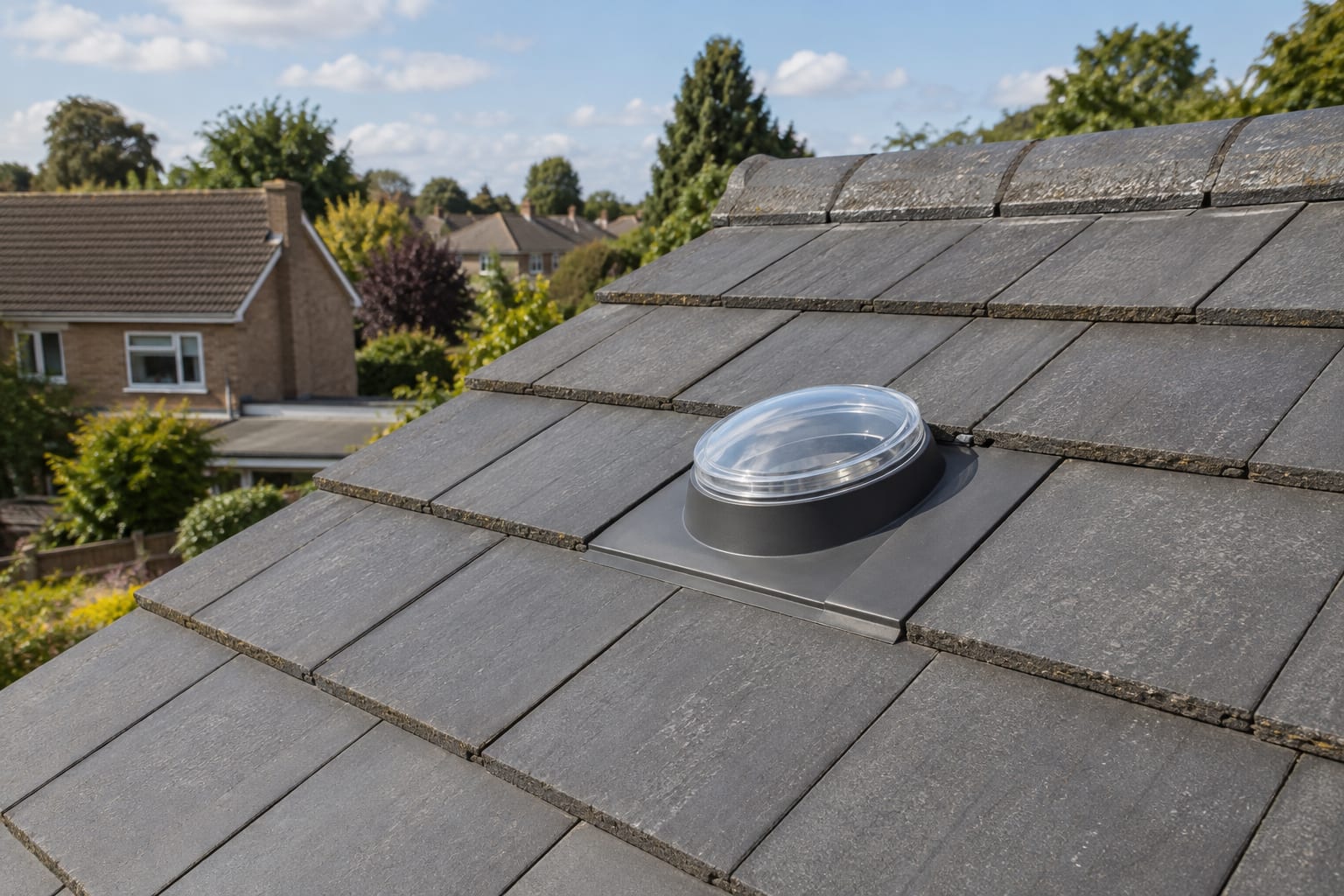 Sun tunnel roof collector and flashing fitted into a grey tiled roof